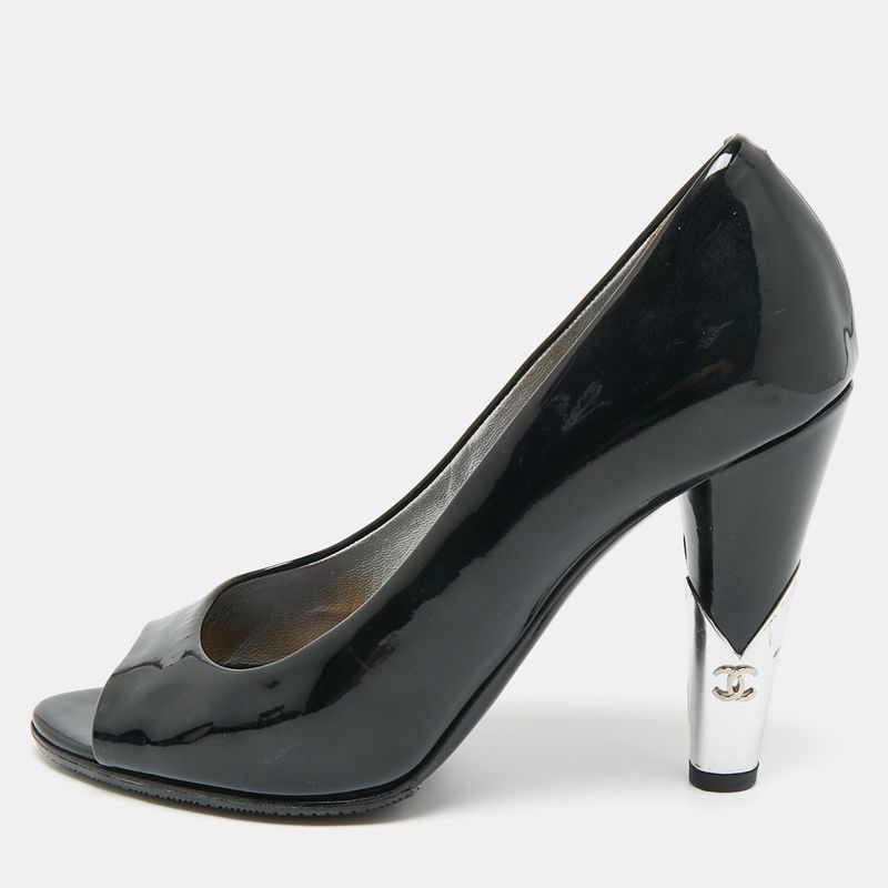 Chanel Cc Logo Size 36 Black Patent Leather Open Toe Pumps